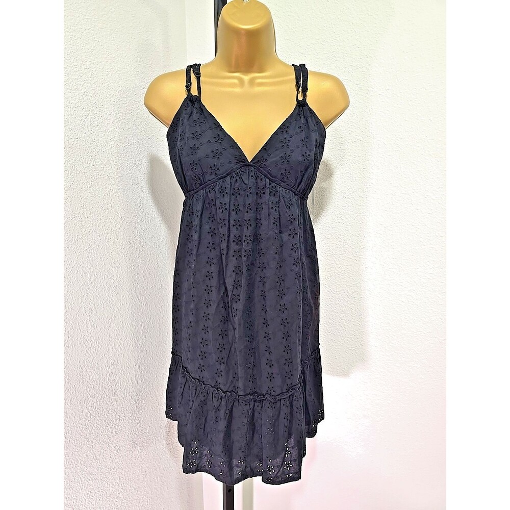 NWT Cotton Y2K Babydoll Black Eyelet Ruched Short Dress Large Cottage Fairy Goth
